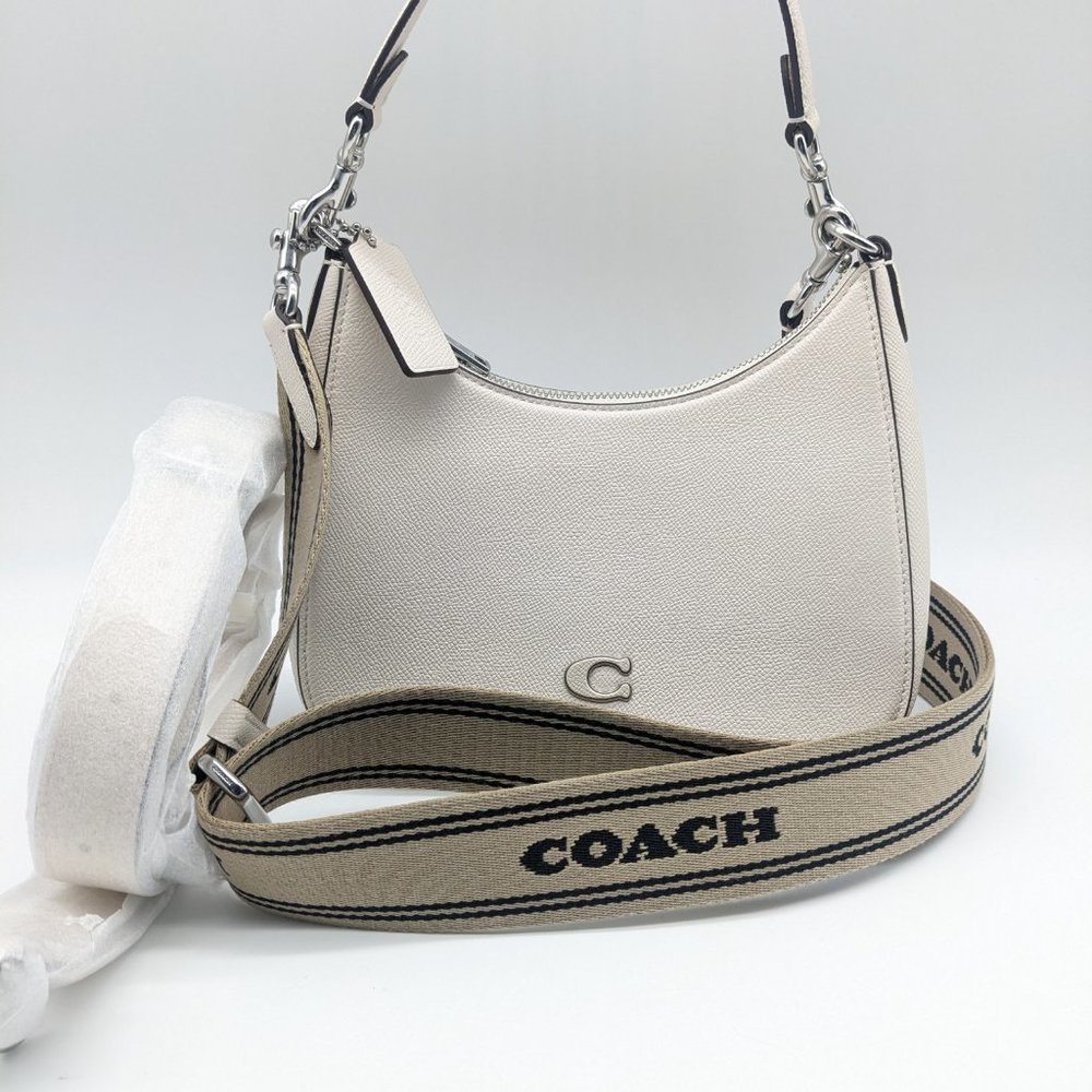 COACH Hobo pebbled leather logo strap shoulder crossbody bag - Chalk/Ivory - Picture 3 of 13